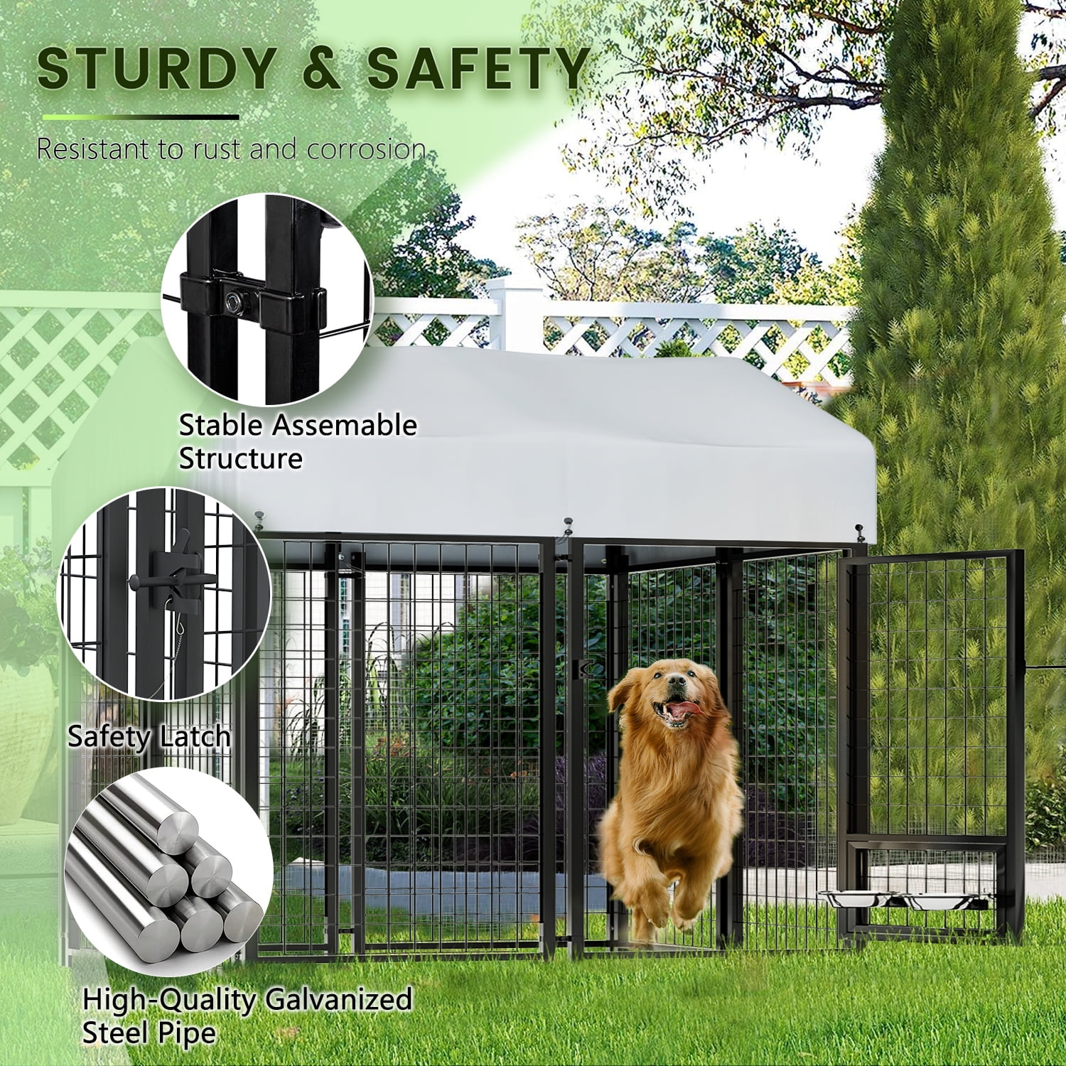 Waleaf 8x4x4 ft Outdoor Dog Kennel Cage for Large Dogs,Large Dog Kennel with Rotating Bowls for Outdoor,Pet Dog Run Enclosures for Dog Crate with Waterproof UV-Resistant Cover and Secure Lock