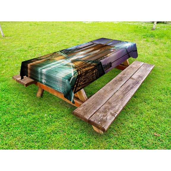 Landscape Outdoor Tablecloth, Brooklyn Bridge Pedestrian Walkway Before Sunrise American Landmark Picture, Decorative Washable Fabric Picnic Tablecloth, 58 X 120 Inches, Purple Brown, by Ambesonne