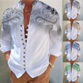 thumbnail image 3 of Men Casual Vintage Print Loose Long Sleeve Button Down Tops Blouse Dress Shirt, 3 of 8