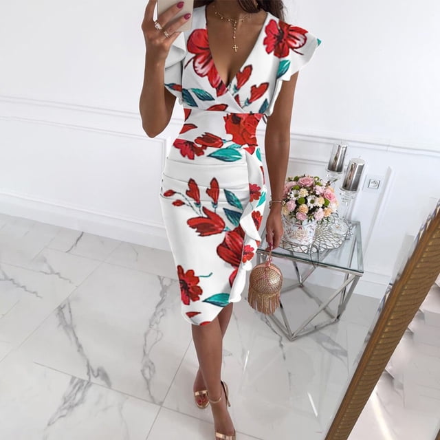 Women Floral V Neck Wrap Dress Ladies Evening Party Cocktail Bodycon Dresses