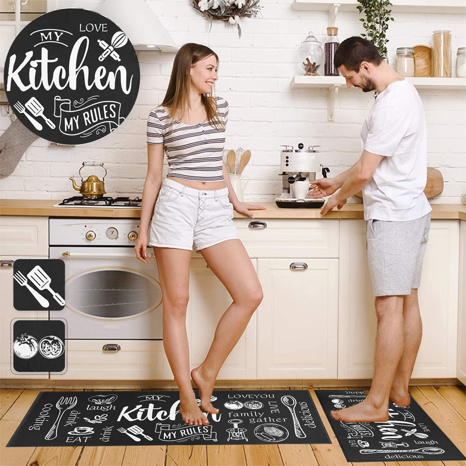 KOKHUB Kitchen Mats and Kitchen Rugs 2 Pieces Black and White,  17x28+17x47, Anti Fatigue Waterproof Mat, Comfort Standing Desk Mat,  Kitchen Floor Mat 