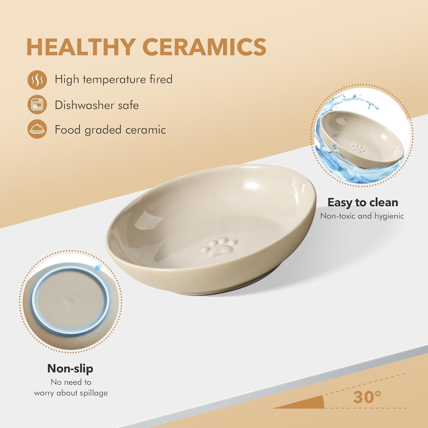 Raised Ceramic Wide Whisker Friendly Cat Dishes, Food and Water Bowl Set with Adjustable Stand, Anti-Whisker Fatigue, 2 Dishes and 2 Shallow Dishes