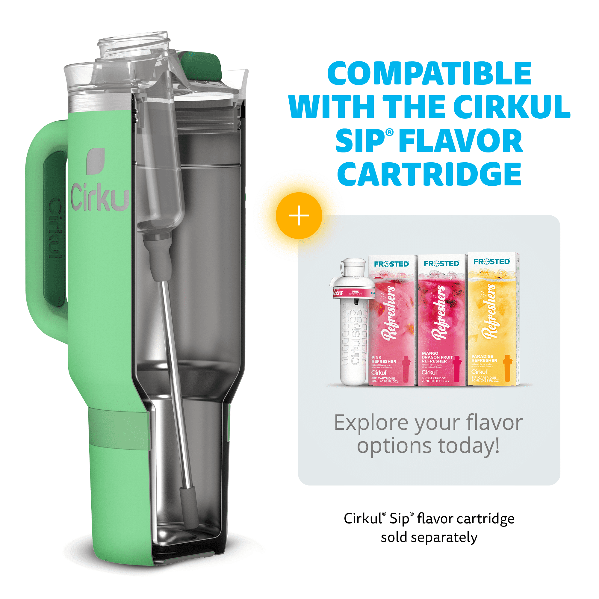 (2 pack) Cirkul 40oz All-Day StrawSip Double-Wall Insulated Stainless Steel Tumbler with Handle, Eucalyptus (Light Green)