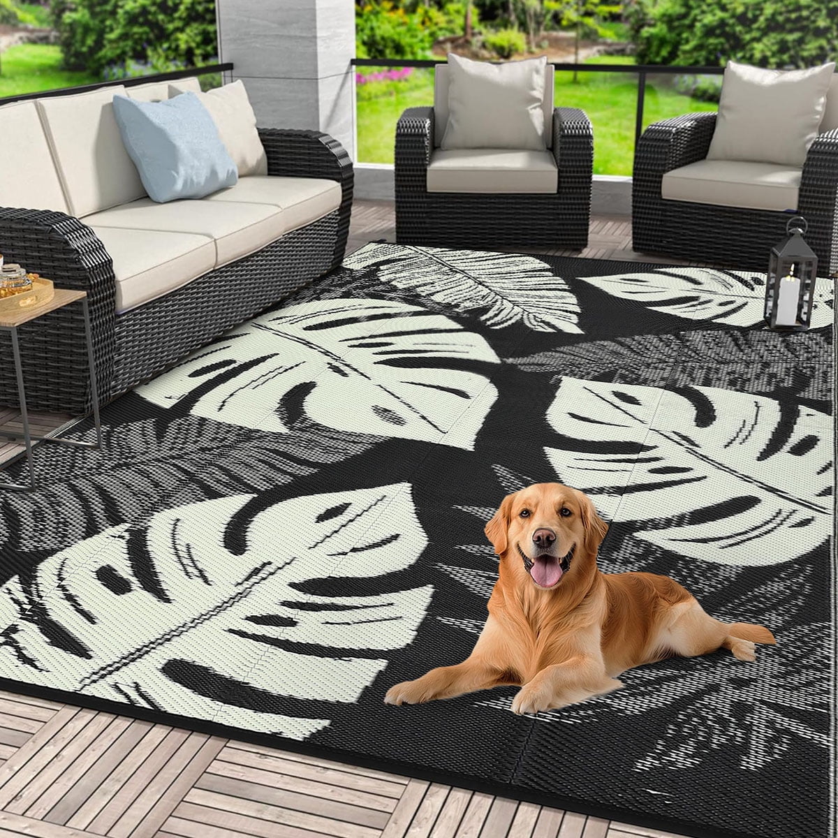 Ataucjin Large Outdoor Rug,8*12ft Waterproof Plastic Straw Rug, Modern Tropics Palm Leaves Camping Rug for Patio, Reversible Mat for Outside Patio RV Porch Deck Balcony
