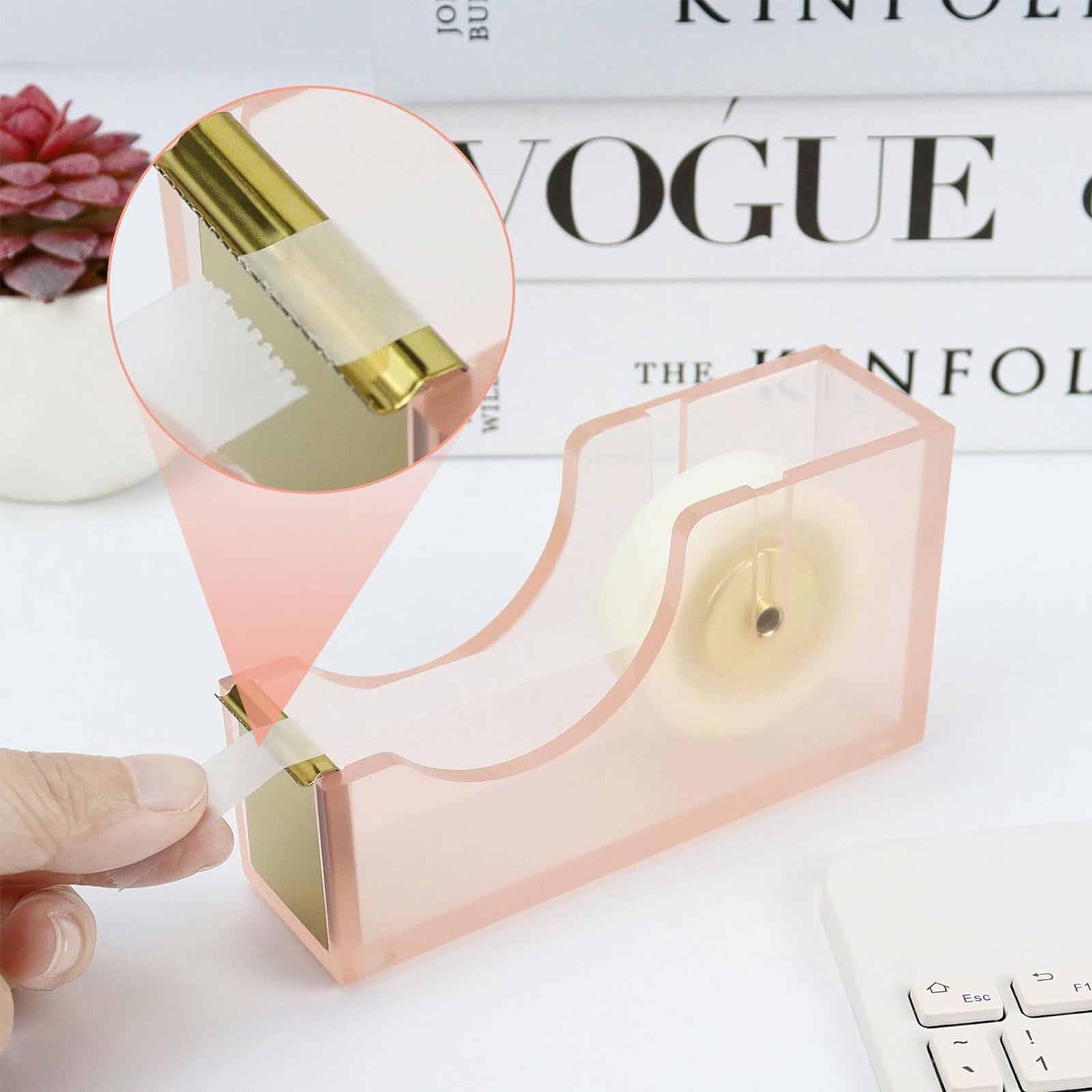 Multibey Luxury Acrylic & Rose Gold Desk Accessory Set - Heavy Duty Tape Dispenser, Stapler with 950 Staples, and Scissors - 3-Piece Modern Stationery Kit for Home Office