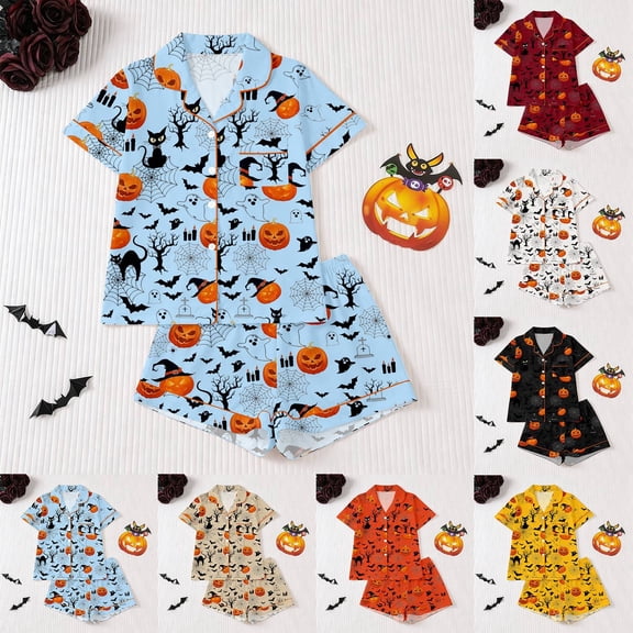 Halloween Plus Size Pajamas for Women Set Silk Satin 2 Pcs Pink Skull Pumpkin Button Down Short Sleeve Shorts Pjs Set Collar Set Loungewear Quality Sleepwear Halloweens Great Gift for Her