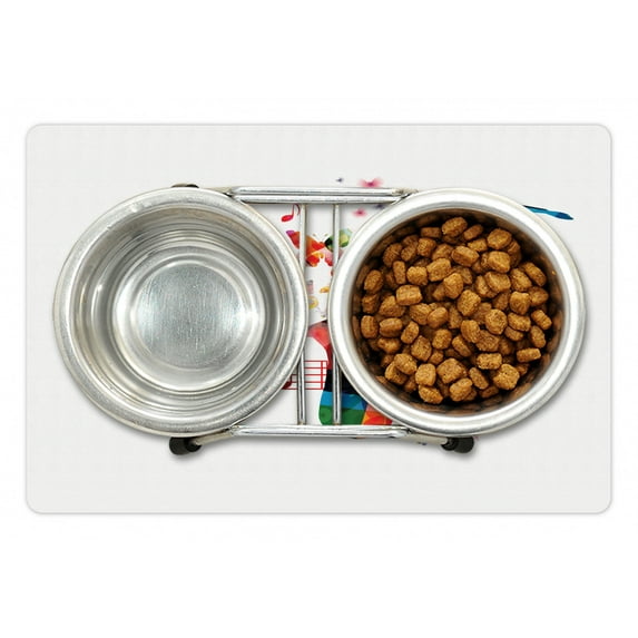 Music Pet Mat for Food and Water, Colorful Saxophone Design Butterflies and Sheet Creative Illustration, Non-Slip Rubber Mat for Dogs and Cats, 18" X 12", by Ambesonne