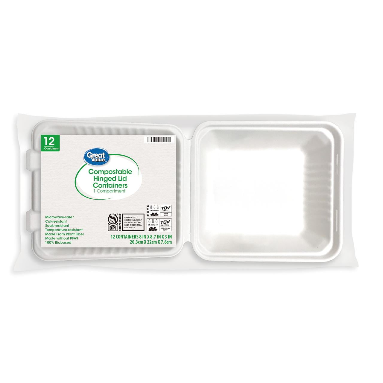 Great Value 1 Compartment Hinged Container, Compostable Bagasse, White, 12ct