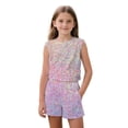thumbnail image 3 of chaqlin Bling Bling Rainbow Girls 2 Pieces Summmer Outfits Crew Neck Sleeveless T Shirt Biker Shorts with Pockets Lightweight Sport Workout Clothes Aged 5-14, 3 of 7