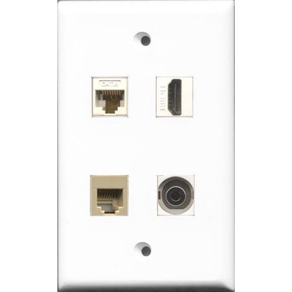 RiteAV 1 Port HDMI and 1 Port Phone RJ11 RJ12 Beige and 1 Port 3.5mm and 1 Port Cat6 Ethernet White Wall Plate