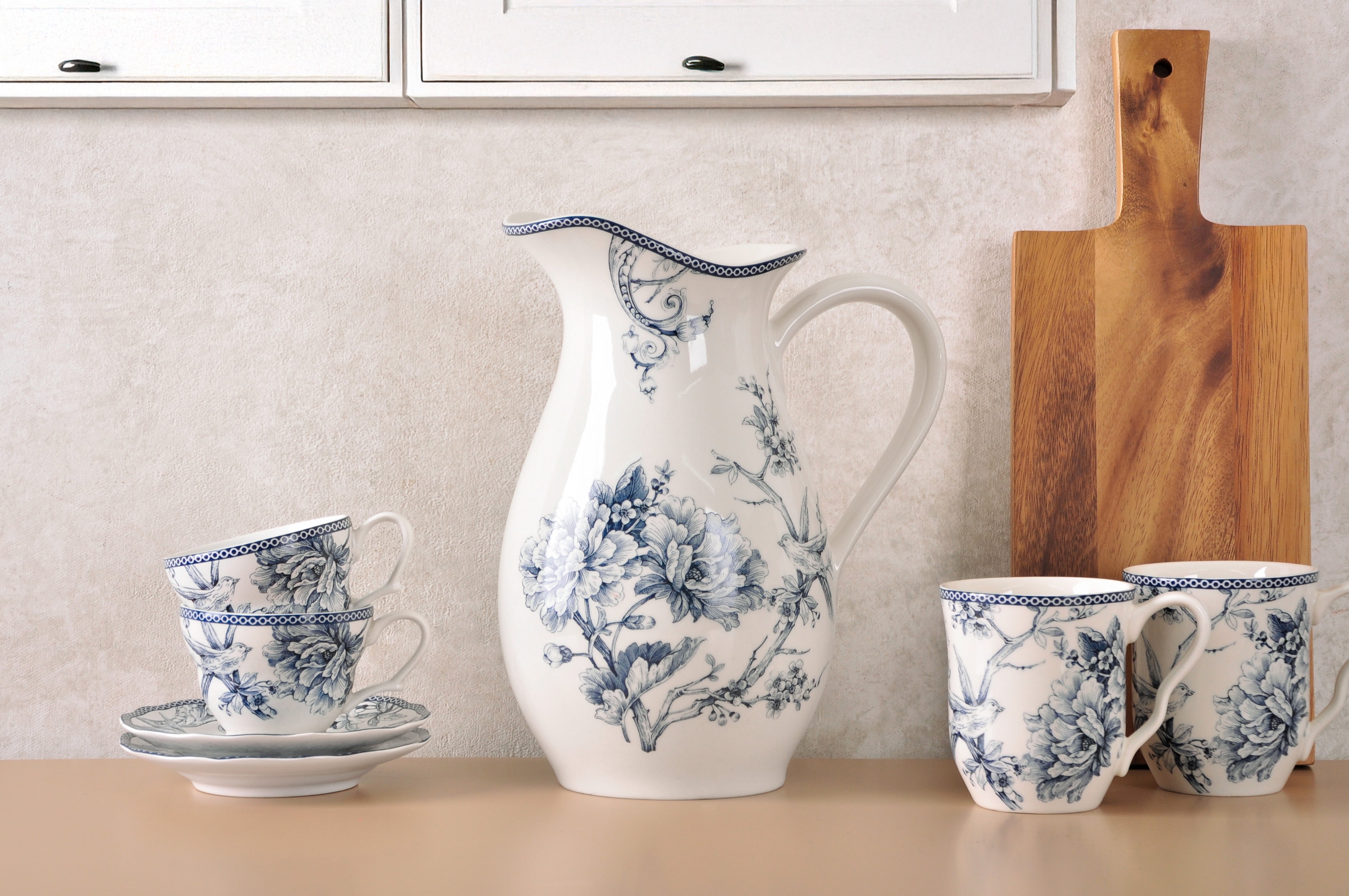 222 Fifth Adelaide Porcelain Pitcher, Blue & White Large Floral Vase, 100oz