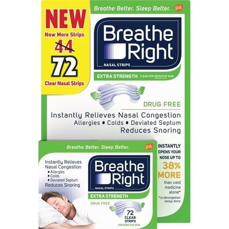 Breathe Right Nasal Strips to Stop Snoring, Drug-Free, Extra Clear, 72 Ct
