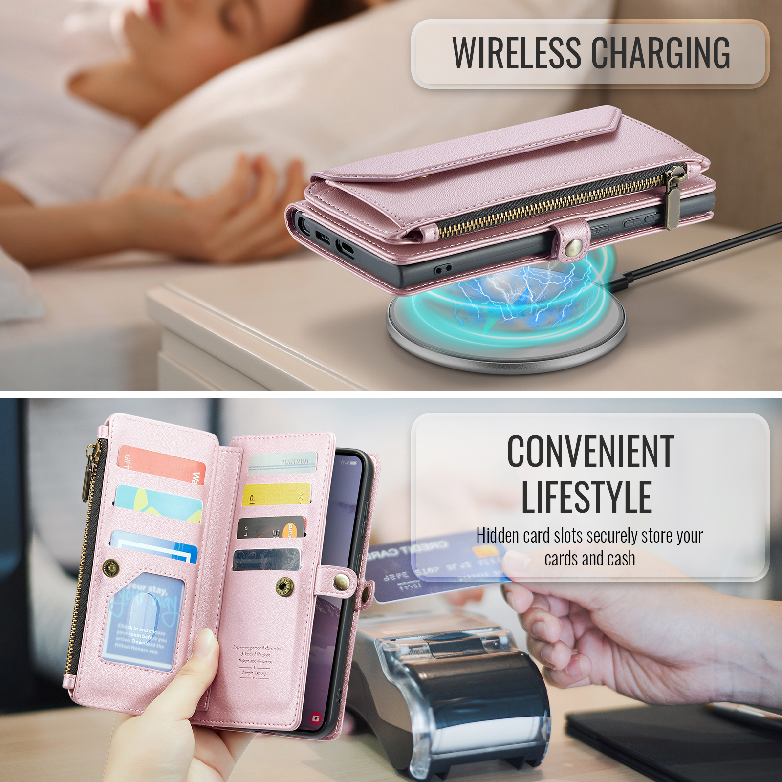 Compatible with Samsung Galaxy S24 FE 5G Zipper Wallet Phone Case Tempered Glass Screen Protector Crossbody Lanyard Strap Flip Card Holder Slot Cell Cover for S 24 EF AI S24FE 24S Women Rose Gold