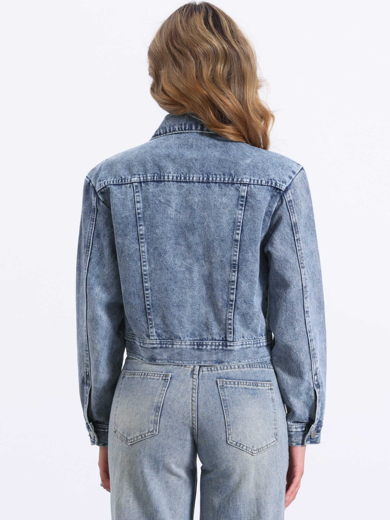 DARING DIVA Women's Zip Up Long Sleeves Cropped Denim Jacket S Washed Blue