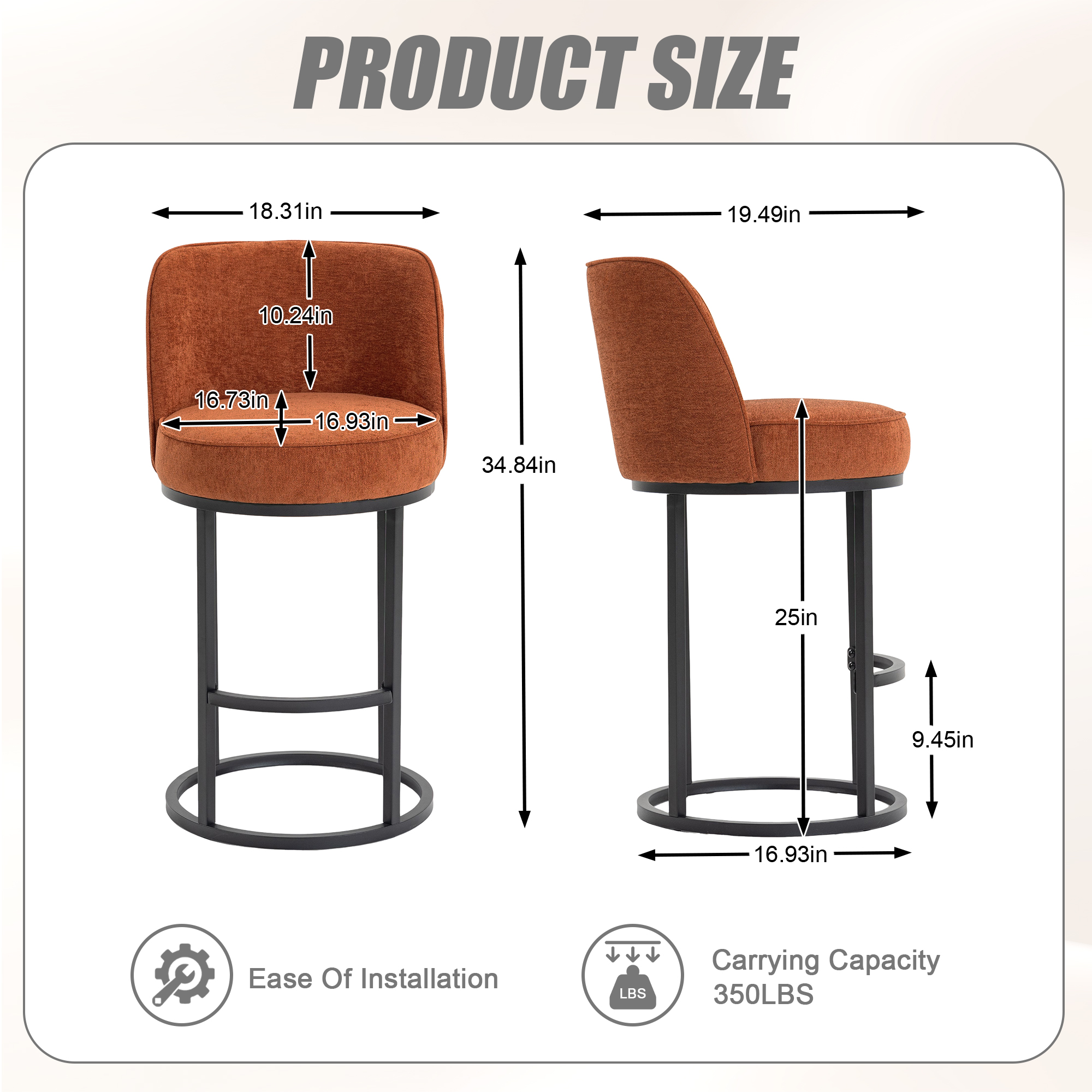 Peispie Counter Height Bar Stools Set of 2, 25 Inch Linen Upholstered Bar Chairs with Back, Modern Kitchen Island Stools with Footrest, Metal Frame, 350 lbs, Orange