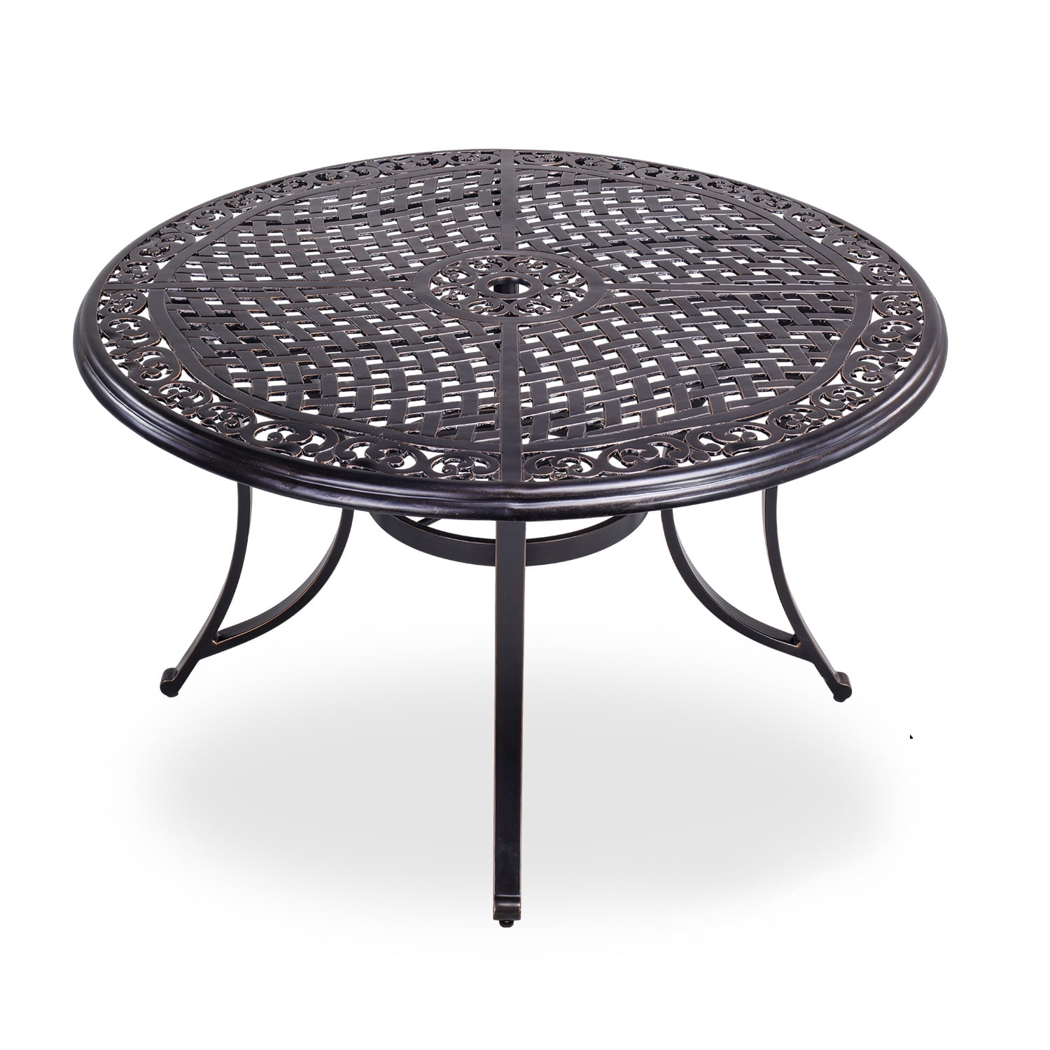 48&quot; Round Patio Dining Table with Umbrella Hole, Aluminum Casting Top Outdoor Furniture