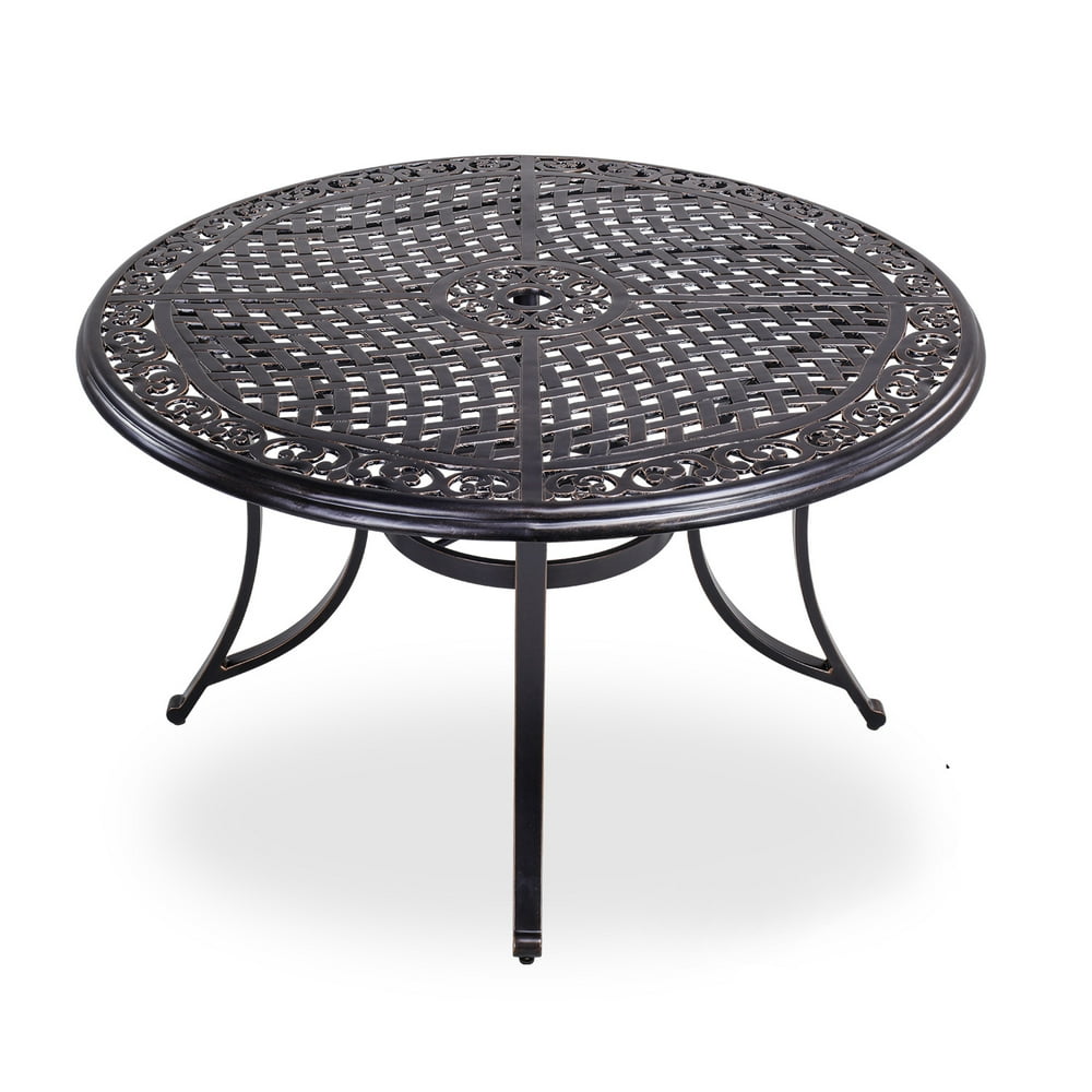 48" Round Patio Dining Table with Umbrella Hole, Aluminum Casting Top