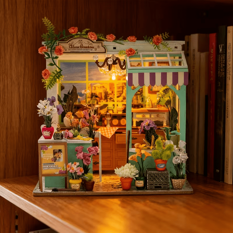 Qissep DIY Miniature Kit Flower Garden, Flower Shop Theme Miniature Assembly Model Cottage, DIY Assembly Model, Handmade Creative Craft, Green,Interesting Gifts for Family, Friends,Colleague