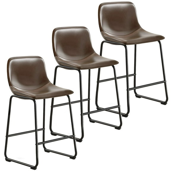 RTVR Counter Height Bar Stools Set of 3, Dining Chairs for Home Kitchen Island, Support 500 lbs,Counter Stool with Back, Modern Faux Leather Barstools with Metal Legs and Footrest,Brown