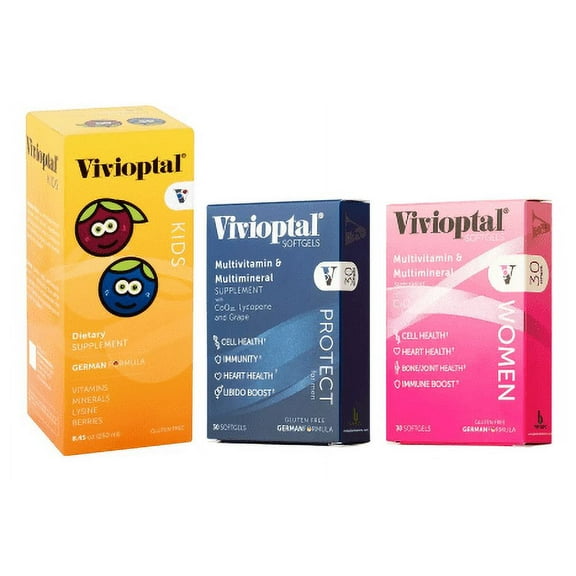 Vivioptal Daily Multivitamins with CoQ10 and Omega-3 Women & Protect 30 Capsules   Kids Syrup 10mL 6 to 12 Years Family Bundle
