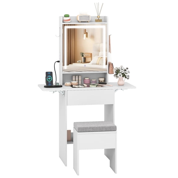 Foldable Drop Leaf Makeup Vanity Desk with 3 Color LED Mirror & Charging Hub, Vanity Desk Set with Storage & Cushioned Stool for Bedrooms Apartments, White