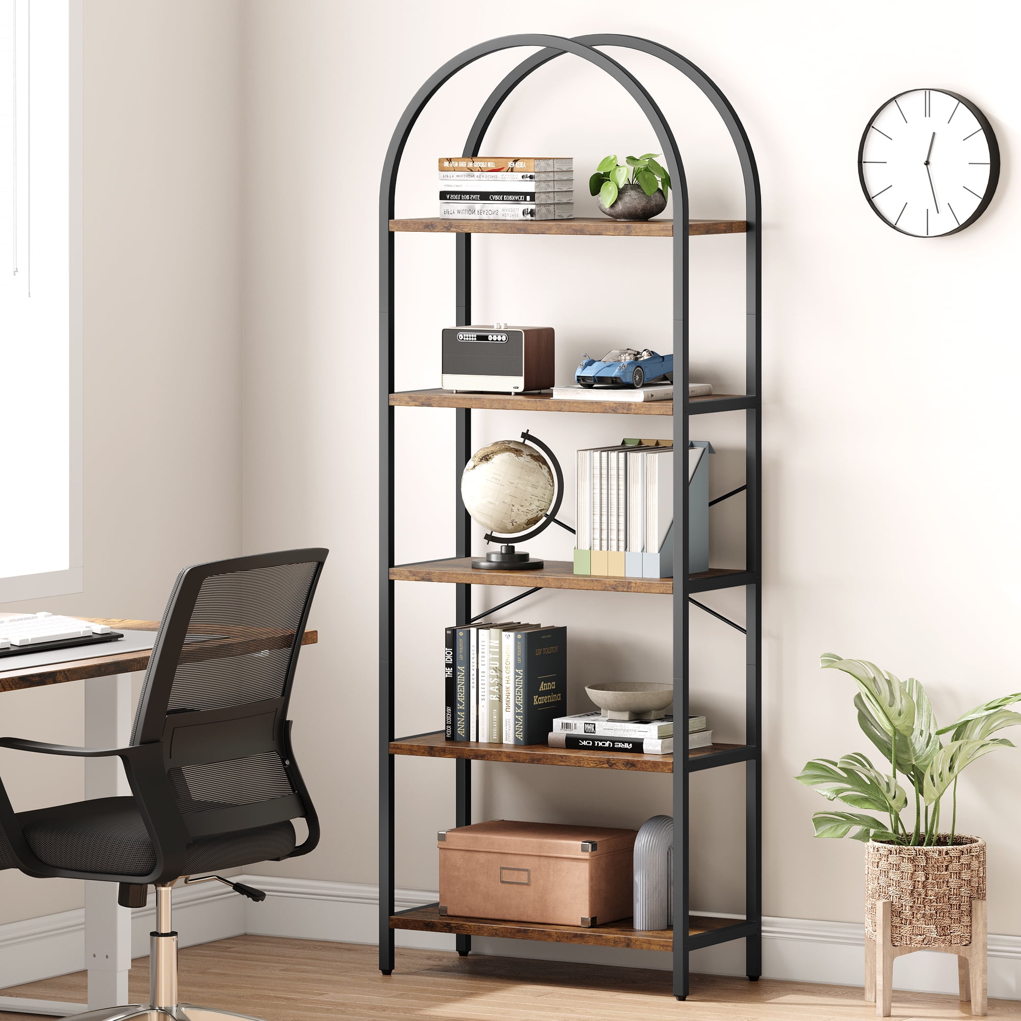 Memoryfield 5 Tier Bookcase, Arched Display Racks Bookshelves, Metal Frame Modern Storage Rack Shelf Large Wood Book Shelf for Bedroom, Living Room, Home Office, Black + Rustic Brown