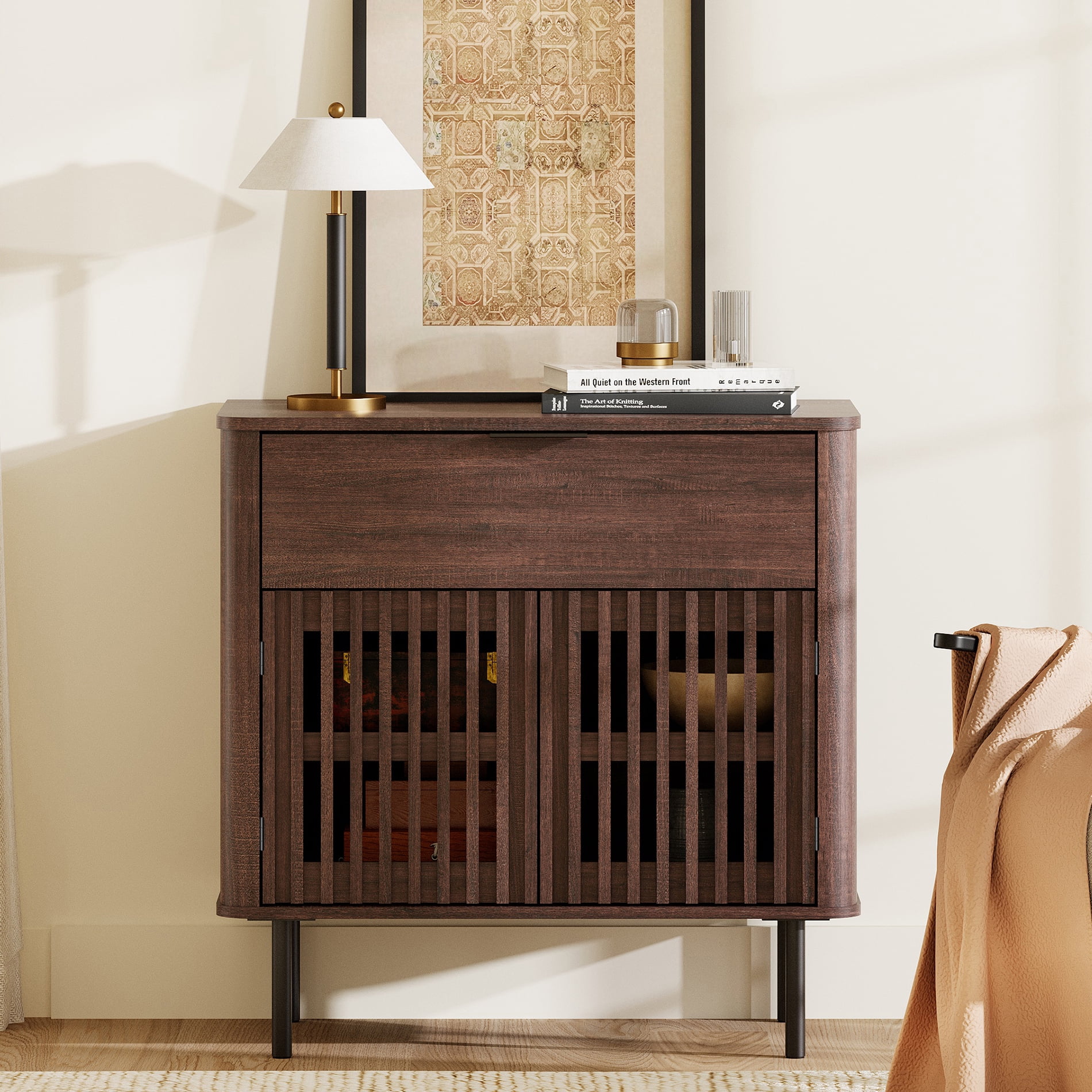 31.5" W 1-Drawer and 2-Door Fluted Sideboard with Adjustable Shelf, Walnut