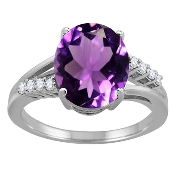 Mauli Jewels 3.30 Carat Oval Amethyst & Diamond Ring for Women in 10K White Gold, Birthstone Engagement Ring, Promise Ring, Anniversary Ring