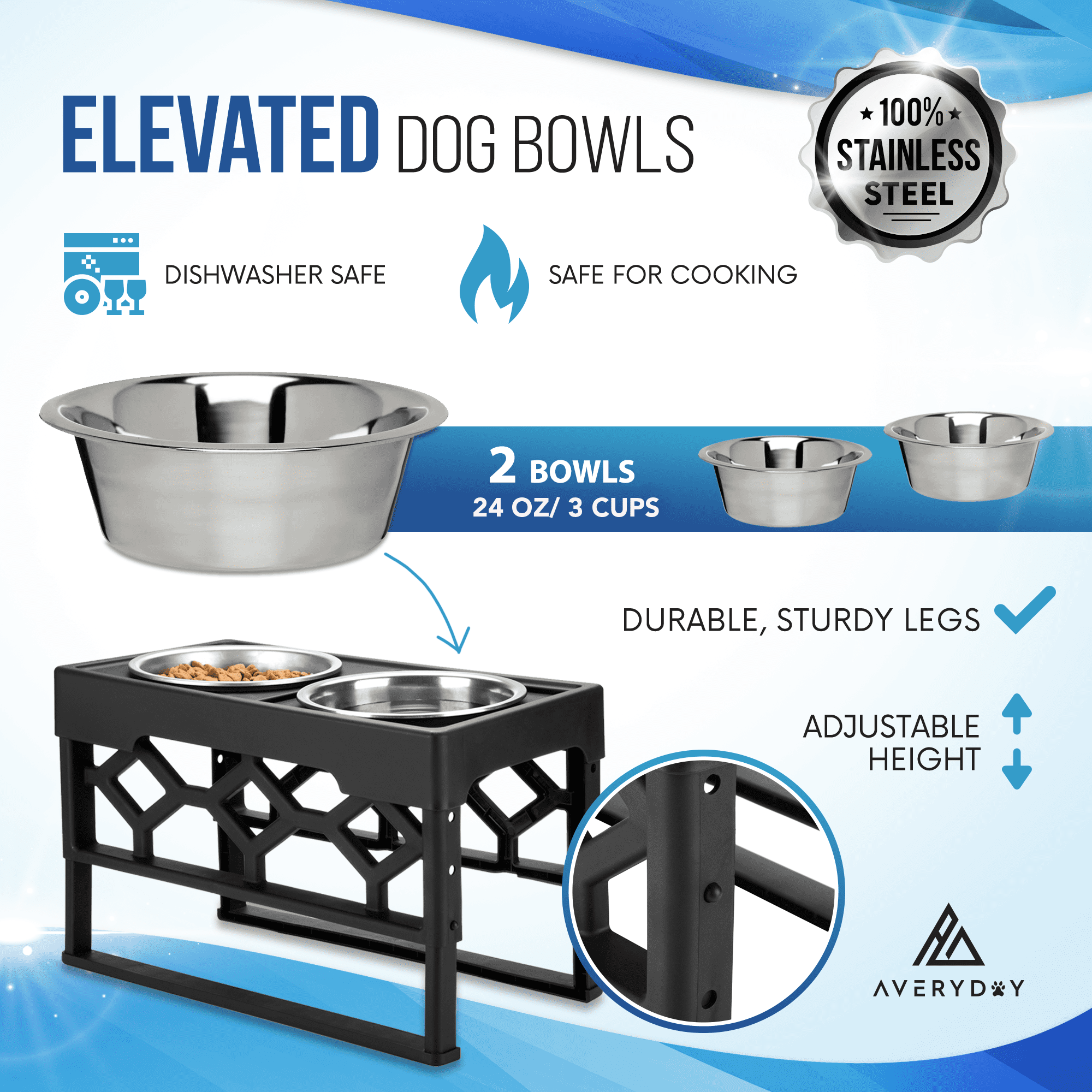 Averyday Small/Medium Elevated Dog Bowl Set Includes 2 Dog Food and Water Bowls, 4 Neater Heights 2.1 inch, 5.6 inch, 6.5 inch, 7.2 inch of Dog