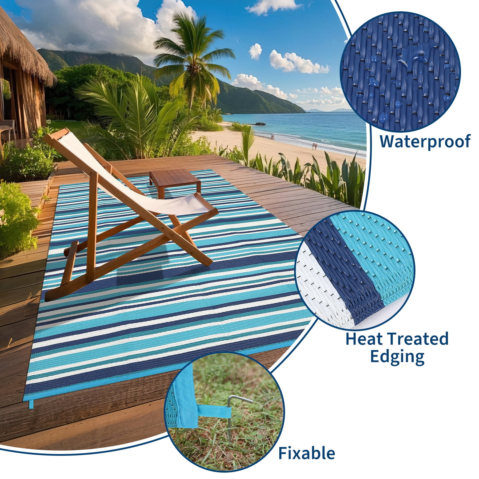 HIWEAVER 9' x 12' Light Blue Outdoor Rug PP Plastic Straw Woven Waterproof Patio Rug with Border Portable Outside Carpet for Balcony Deck Picnic Garden Decor