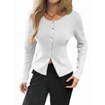 thumbnail image 2 of Women'S Vacation Button Cardigan Long Sleeve Knit Top Business Casual Round Neck Slim Fit Jacket Shirt White XL, 2 of 8