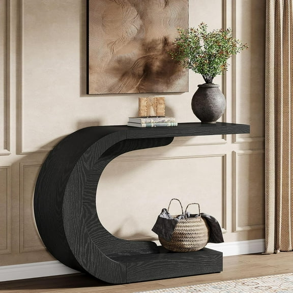 43.3" Unique C-Shaped Console Entryway Table, Farmhouse Behind Couch Sofa Table with Storage