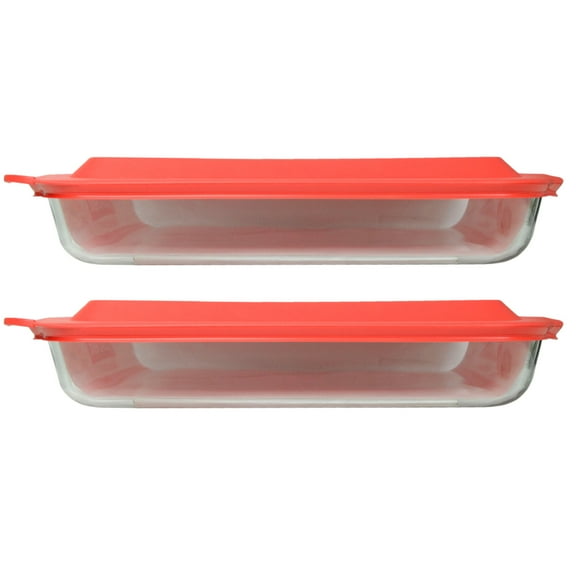 Pyrex 233 Rectangular 3qt Clear Glass Casserole Baking Dish and 233-PC Red Plastic Lid (2-Pack)