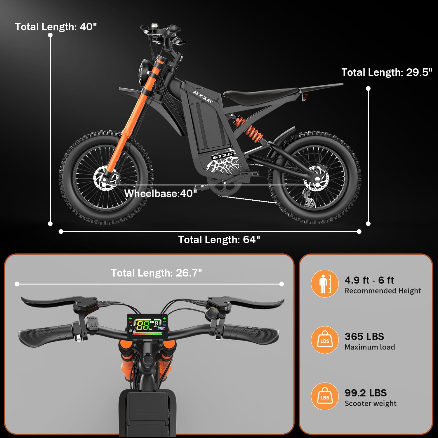 ASKGO GT16 Electric Dirt Bike for Adults,3000W Peak Electric Motorcycle 40MPH 48V 30Ah Battery,100Miles Electric Bike,16"Tire Ebike,Dual Hydraulic Brakes E Mountain Bike,7 Spee,Full Suspension,UL2849
