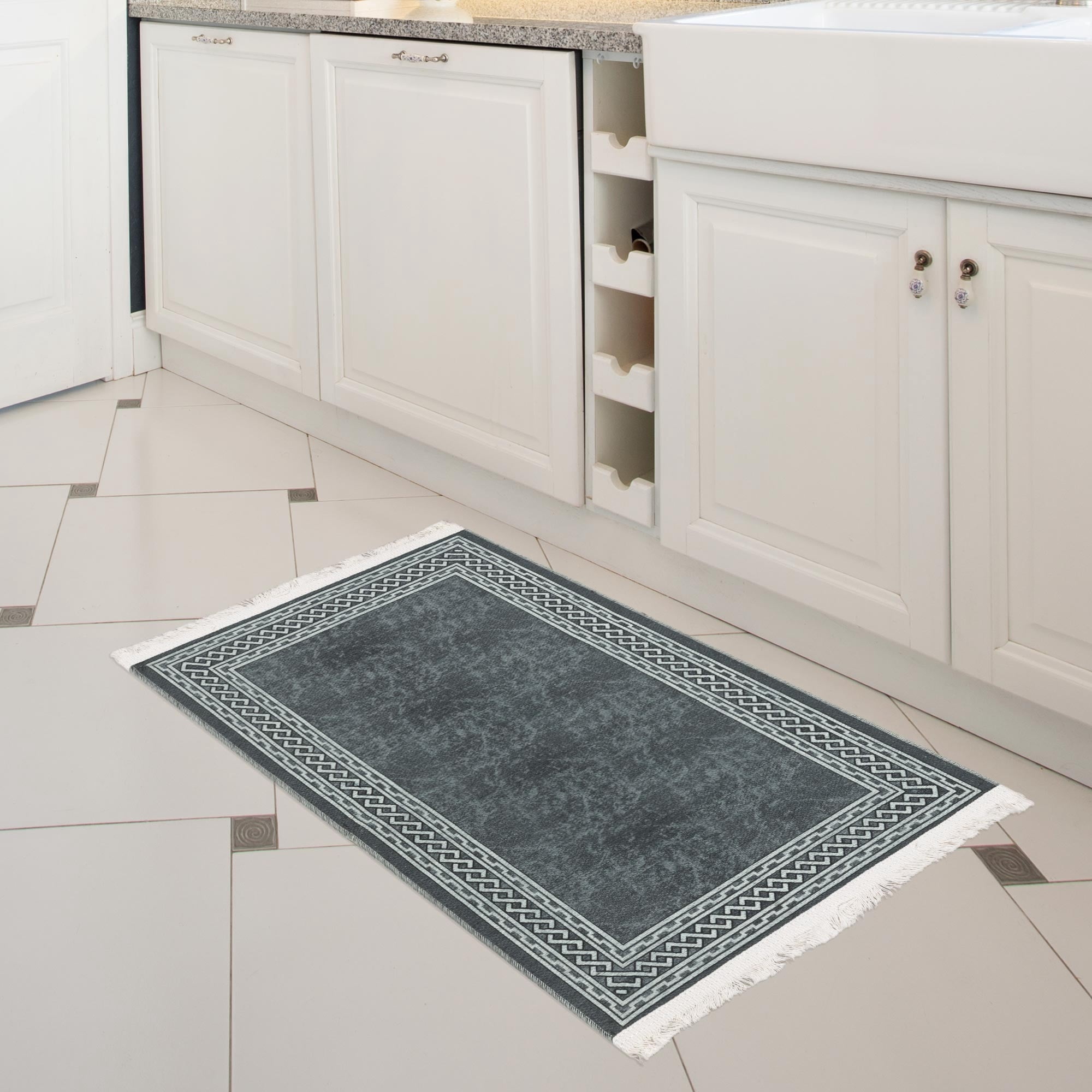 Ottomanson Machine Washable Cotton 2x3 Flatweave Area Rug for Entryway, 2' x 3', Ash Gray Border