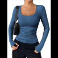thumbnail image 2 of Camisas de Larga con Cuello Redondo para Mujer, Blusas Informales de Punto Acanalado de Corte Ajustado, Camisetas Básicas de Trabajo para Verano y Otoño. Azul S, 2 of 9