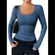 thumbnail image 2 of Camisas de Larga con Cuello Redondo para Mujer, Blusas Informales de Punto Acanalado de Corte Ajustado, Camisetas Básicas de Trabajo para Verano y Otoño. Azul XXL, 2 of 9
