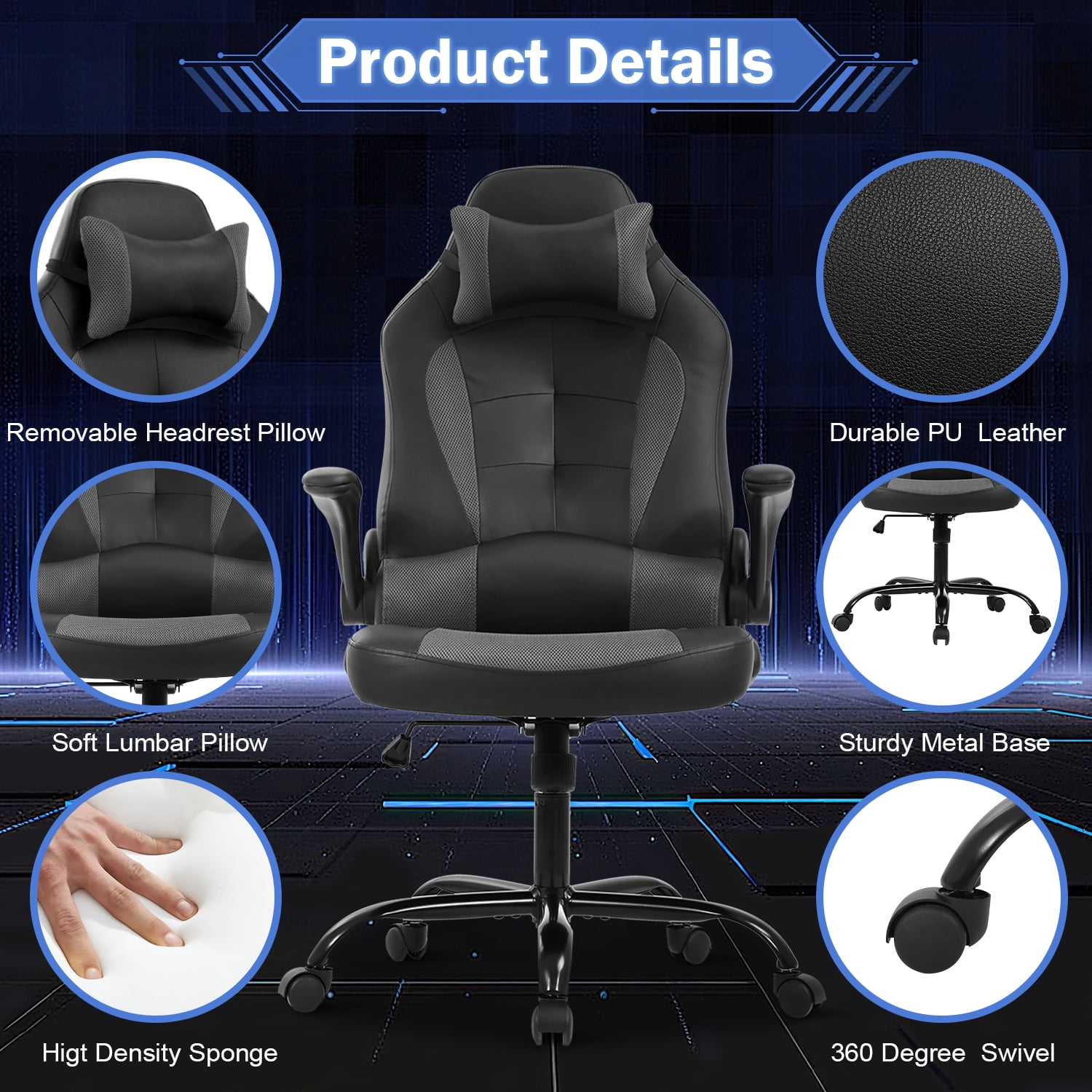 Video Game Chair High Back Gaming Chair PU Leather Racing Chair with Headrest Lumbar Support & Flip-up Arms , Adjustable Gamer Chair for Adults & Kids, Grey