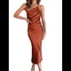 thumbnail image 3 of Vestido de Mujer con Tirantes, Cintura Media, Color Liso, Espalda Baja, Lazo, Elegante, con Hombros Descubiertos y Medio. Marrón M, 3 of 8