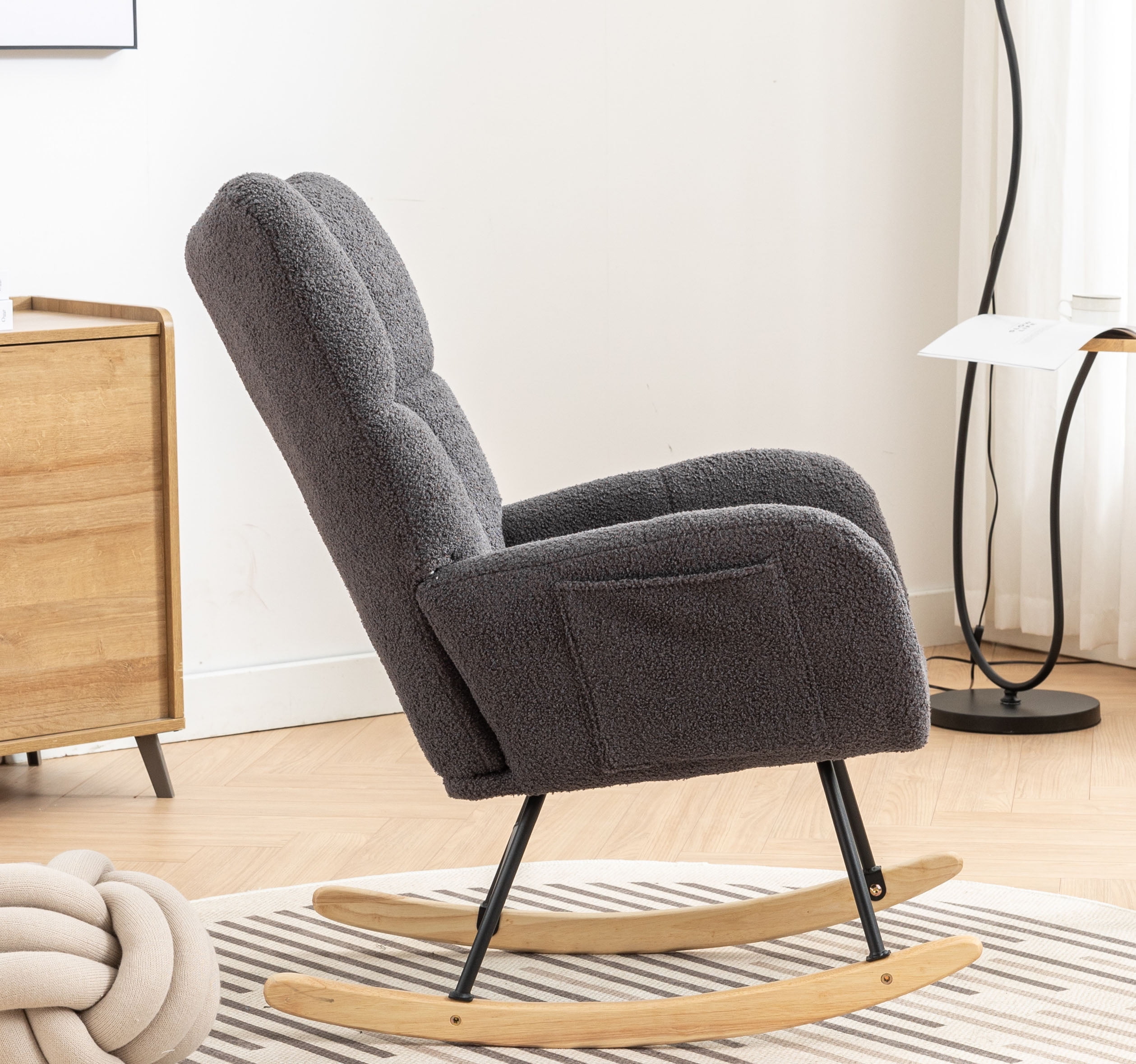 Rocking Chair Nursery,Teddy Upholstered Glider Rocker with High Backrest,Modern Rocking Accent Chairs Glider Recliner for Living Room, Nursery, Bedroom,Gray