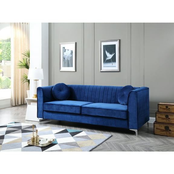 Classic Comfort Sofa - Navy Blue Velvet Living Room Couch with Pocket Coil Seats & Chrome Trim