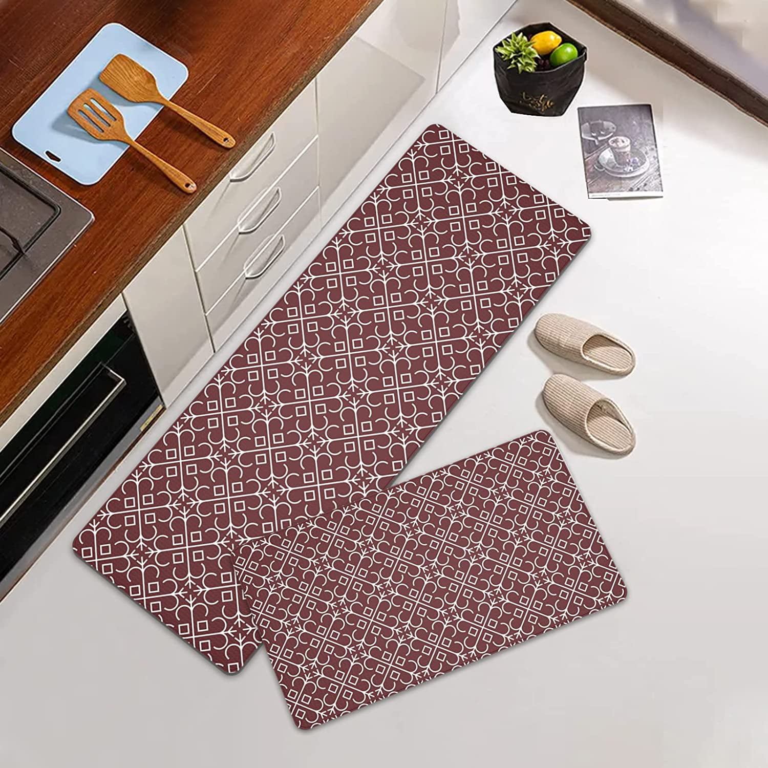 Anti Fatigue Mat for Standing Desk 2 Piece, White Floral Grid Red Anti