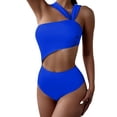 thumbnail image 2 of Women's One Piece Bikini Swimsuit Strapless Hollow Out Solid Color One Shoulder High Waisted for Beach Vacation,Blue,S, 2 of 9