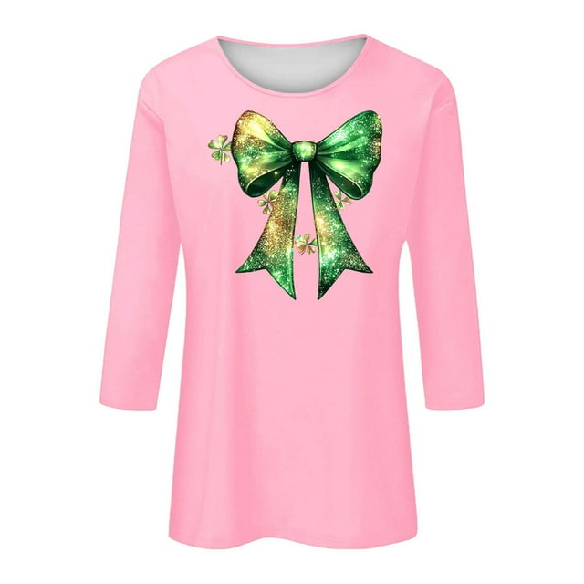 Elvqul Chemises Élégantes pour Femmes Manches 3/4 Col Rond T-Shirts Mignons Verts Grande Taille Hauts Graphiques pour Femmes Jour de la Saint-Patrick