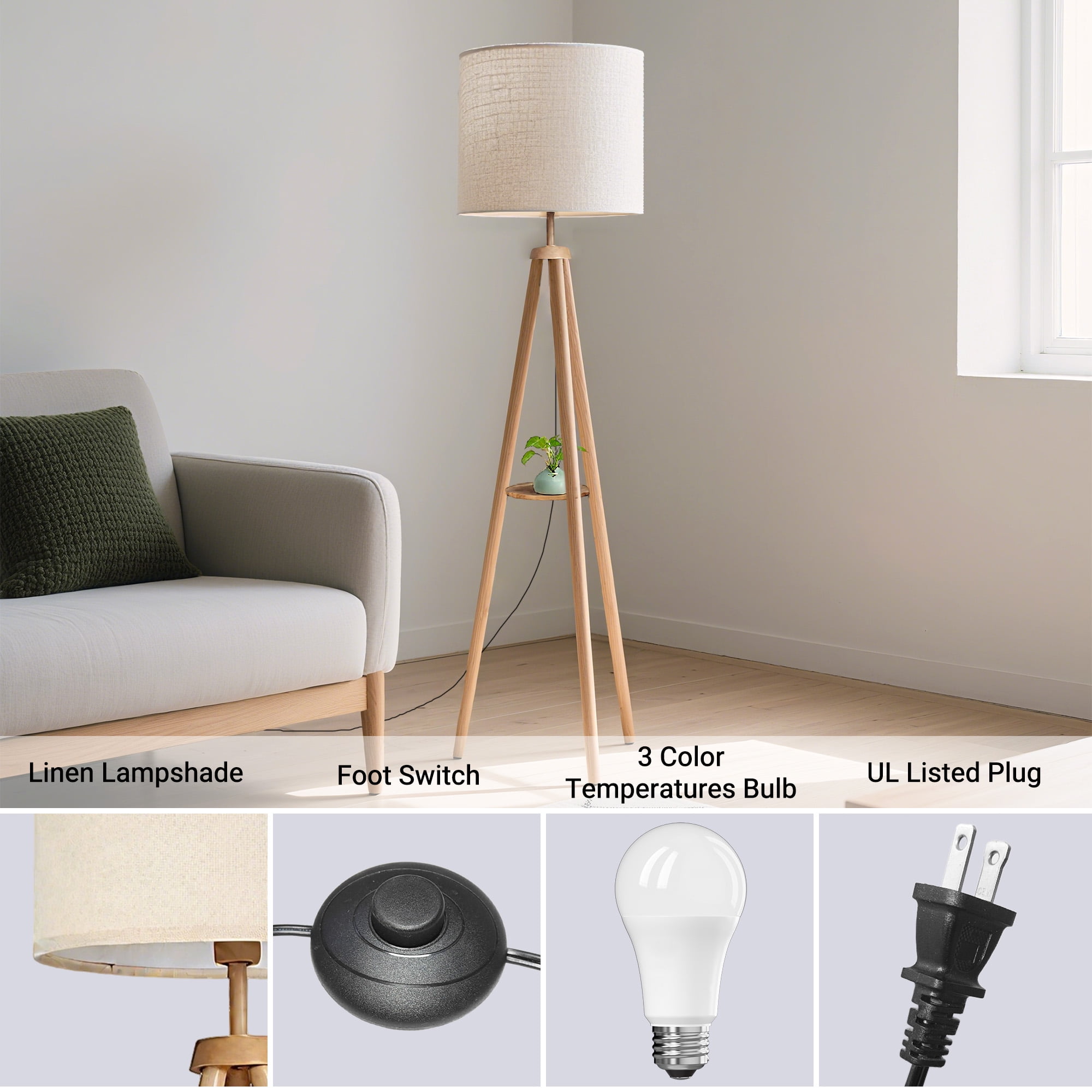 DAYBETTER Floor Lamp for Living Room, 63'' Wood Tripod Floor Lamp with Shelves, 3 Color Temperature, Dimmable, Remote Control Standing Lamp for Living Room, Bedroom, Office, LED Bulbs Included