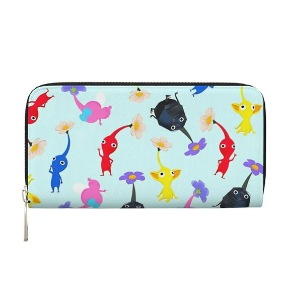 Lsque Pikmin Pattern Leather Hand Wallet – Long PU Leather Wallet for Women with Zipper Closure, 8 Card Slots, Coin Pouch & Multiple Cash Compartments