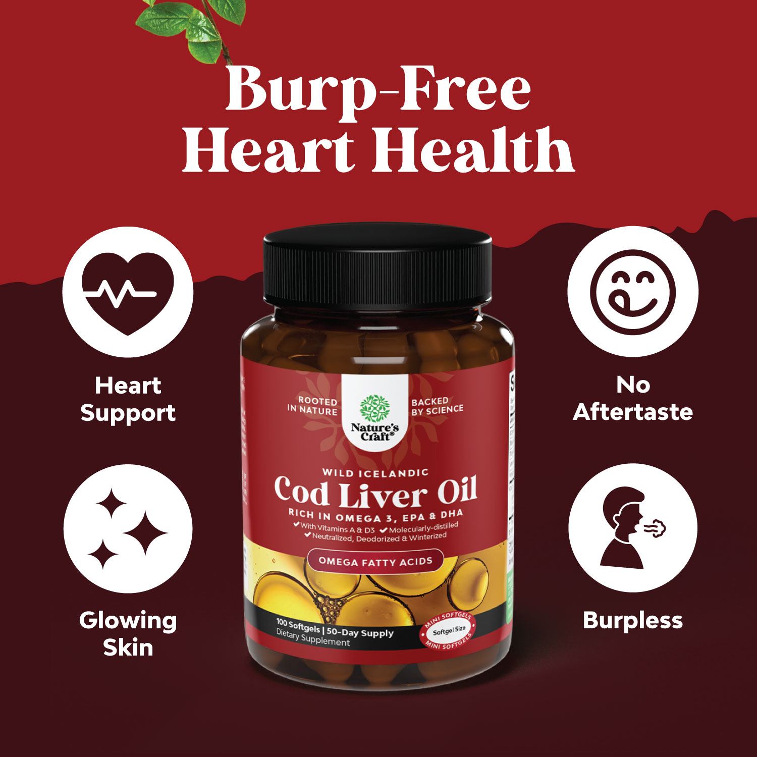 Icelandic Cod Liver Oil Softgels - Wild Caught EPA DHA Omega 3 Fish Oil 1000mg per serving - Burpless Fish Oil Supplement with Vitamin D3 and A for Heart Joint Brain and Immune Support