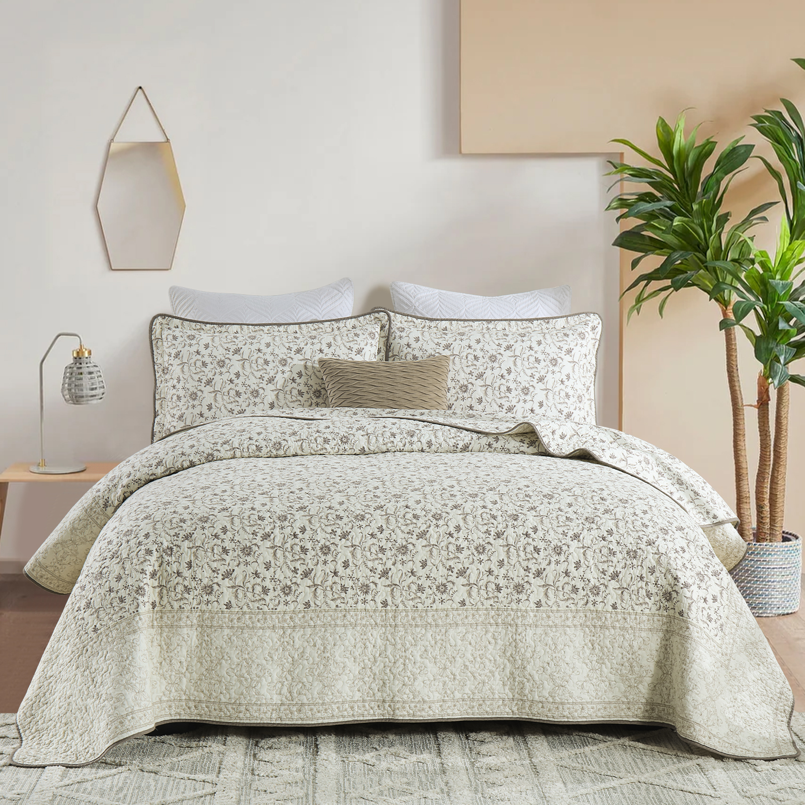 PANGUSHAN 100% Cotton Quilt King Size, King Quilt Bedding Set Quilted Bedspreads, Lightweight Reversible Floral Comforter for King Bed, All Season, Beige/Brown, 3 Pieces