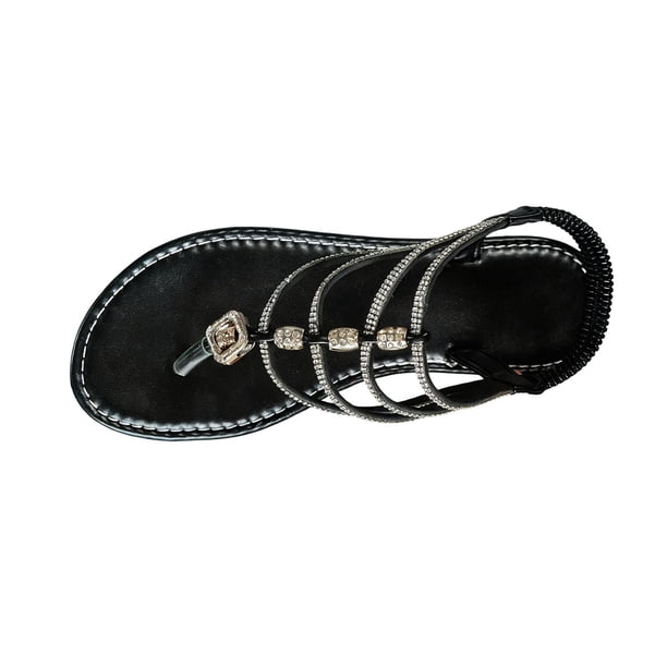 Sandalias Planas con Correas de Tobillo de Moda Casual de Pie Redondo de Pie Abierto Estilo Romano Strass Playa Planas Sandalias Bohemias Sandalias de Mujer con Correa Trasera