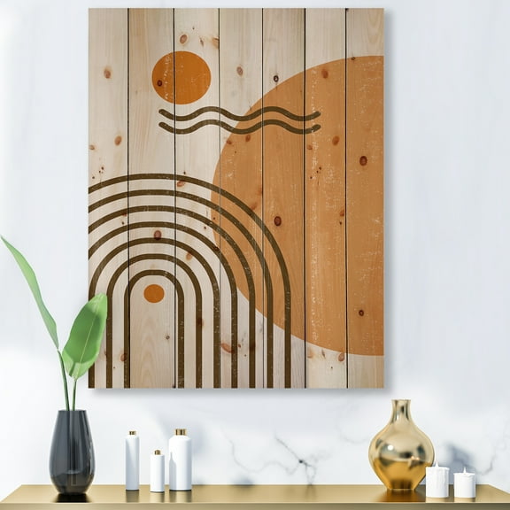 Designart 'Abstract Rainbow Moon and Sun In Earth Tones II' Modern Print on Natural Pine Wood
